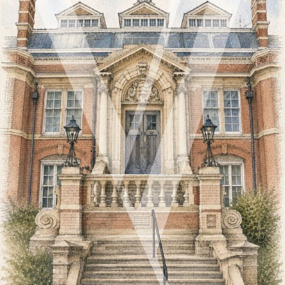 Painting of college library entrance, with college logo superimposed upon it 